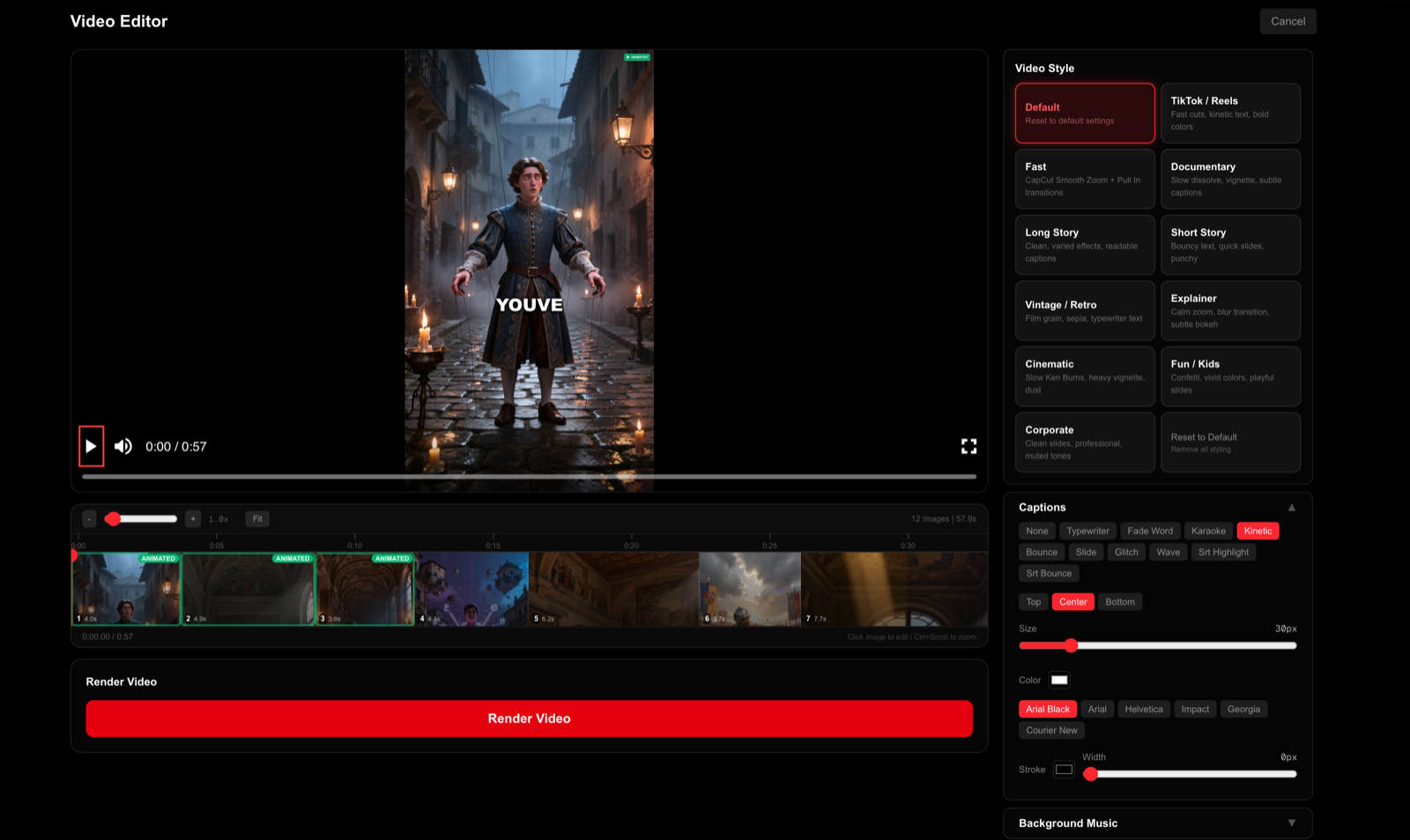 DirectAI video editor with style presets, captions and music controls