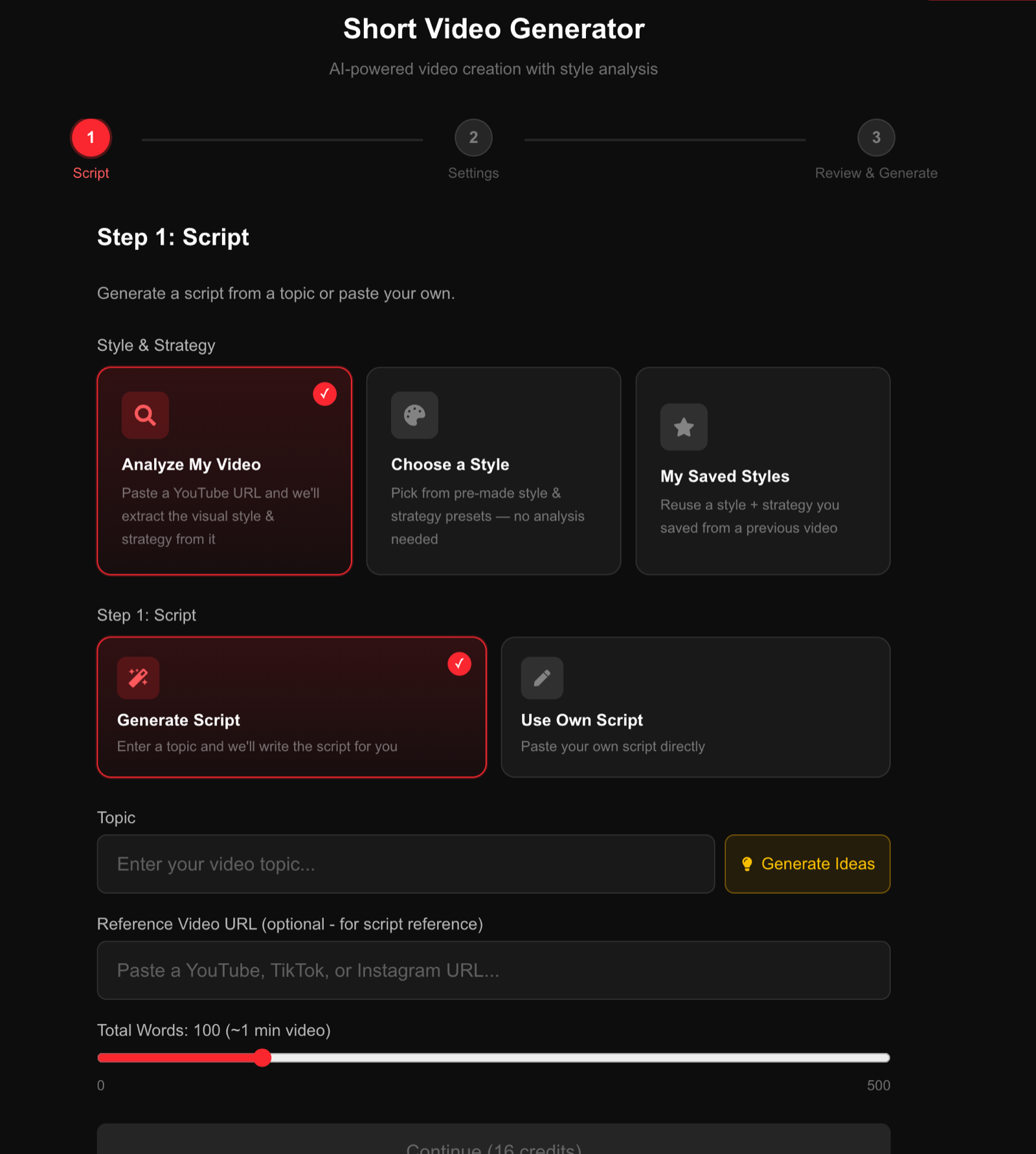 DirectAI Short Video Generator wizard with viral video style analysis